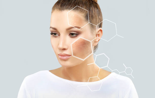 Close-up of a woman with digital analysis graphics on her face indicating skin care technology